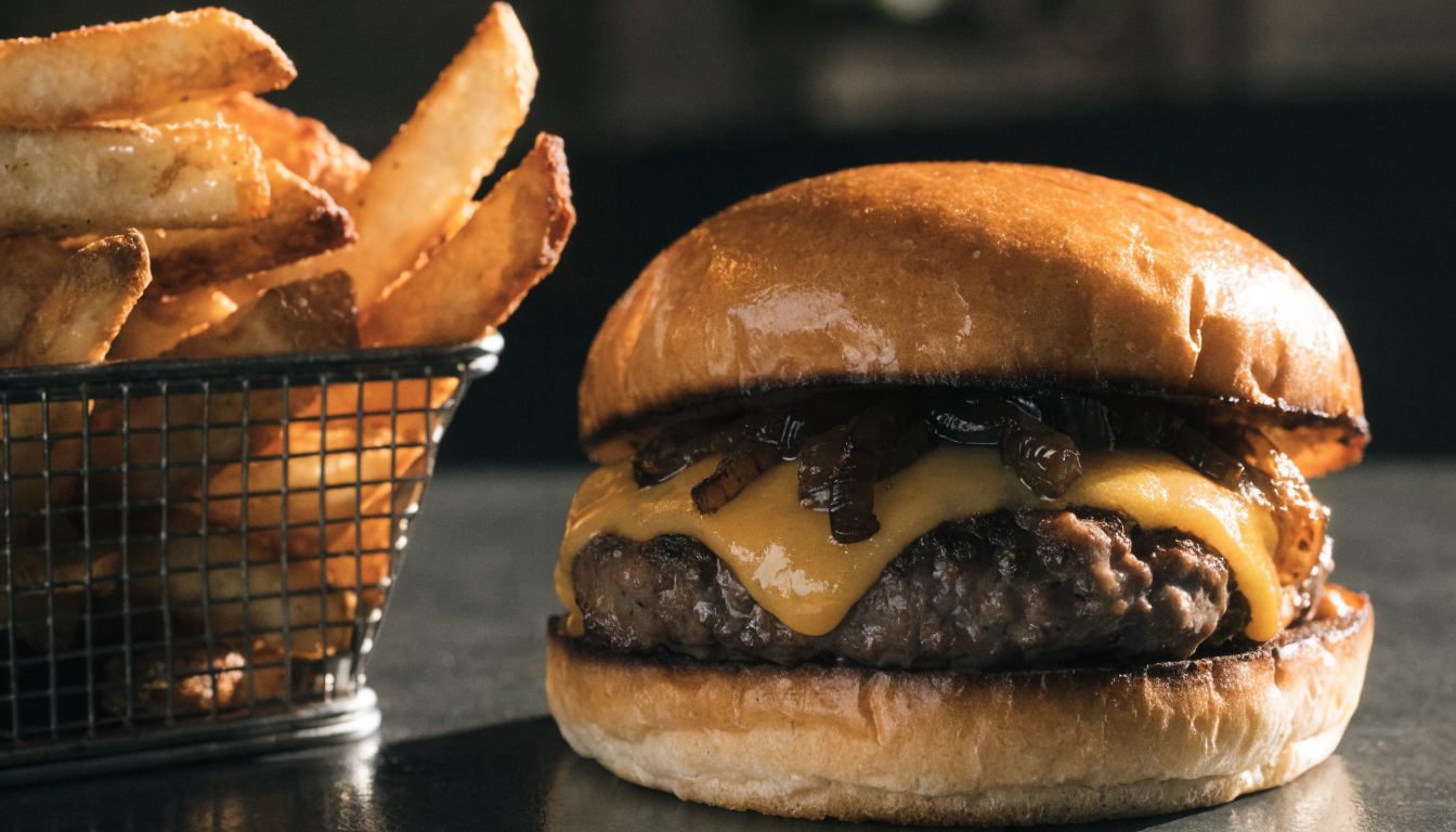 Hamburguesa artesanal con queso derretido y papas fritas rústicas en canasta. Imagen ilustrativa: no corresponde al local.
