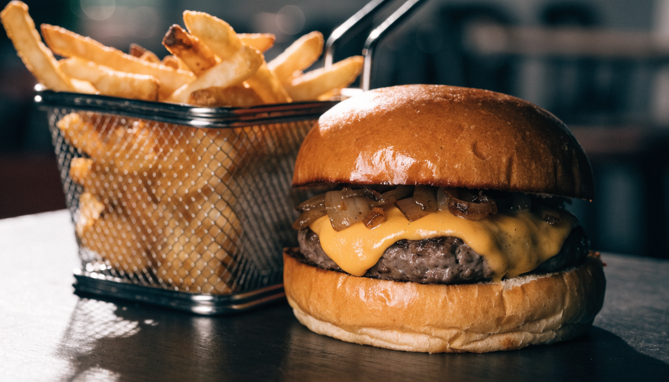 Hamburguesa artesanal con queso derretido y papas fritas rústicas en canasta. Imagen ilustrativa: no corresponde al local.