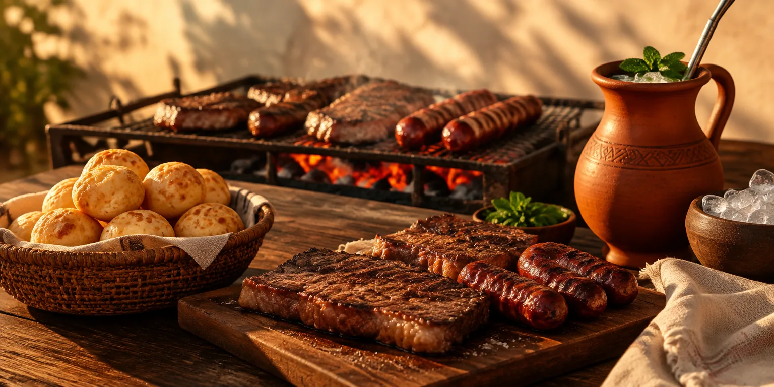 Parrilla con carne y chorizo, canasta de chipa y jarra de tereré sobre una mesa de madera al atardecer