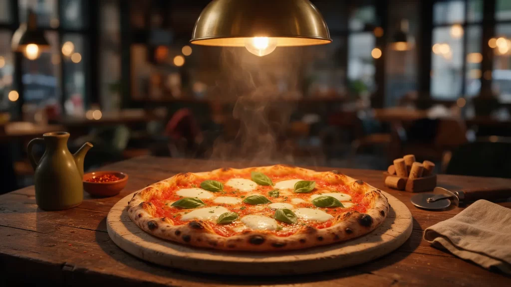 Pizza de masa fina sobre tabla redonda bajo una lámpara colgante. Imagen ilustrativa: no corresponde al local.