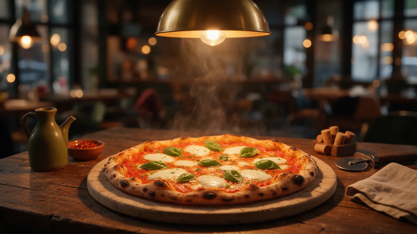 Pizza de masa fina sobre tabla redonda bajo una lámpara colgante. Imagen ilustrativa: no corresponde al local.