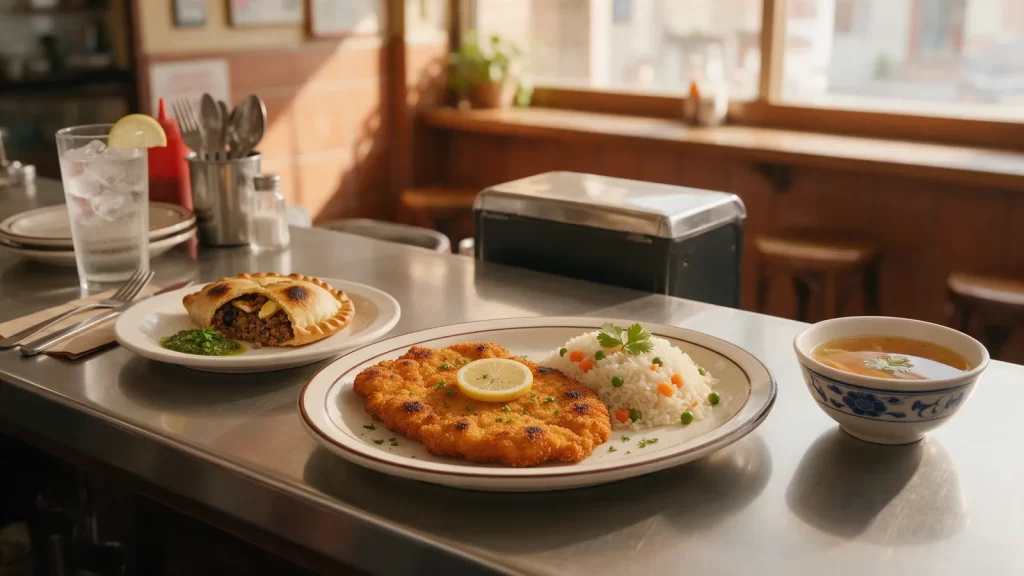 Plato de milanesa con arroz, un caldo y una empanada en una barra de mostrador. Imagen ilustrativa: no corresponde al local.