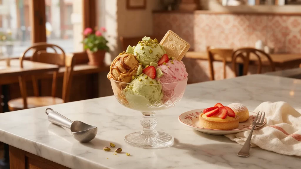 Copa de helado artesanal de tres sabores junto a pastelería. Imagen ilustrativa: no corresponde al local.