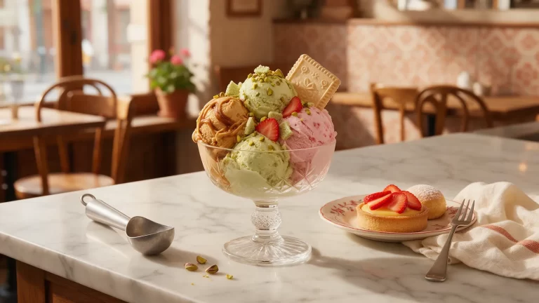 Copa de helado artesanal de tres sabores junto a pastelería. Imagen ilustrativa: no corresponde al local.