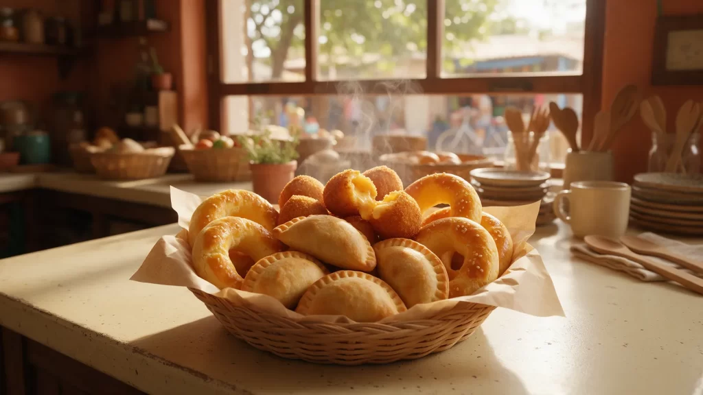 Chipas, empanaditas y croquetas en una canasta forrada de papel. Imagen ilustrativa: no corresponde al local.