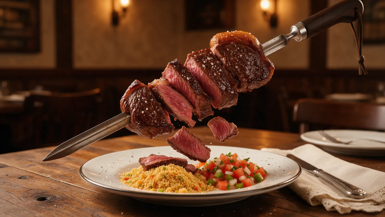 Espada de picaña de rodizio brasileño con farofa y vinagreta. Imagen ilustrativa: no corresponde al local.