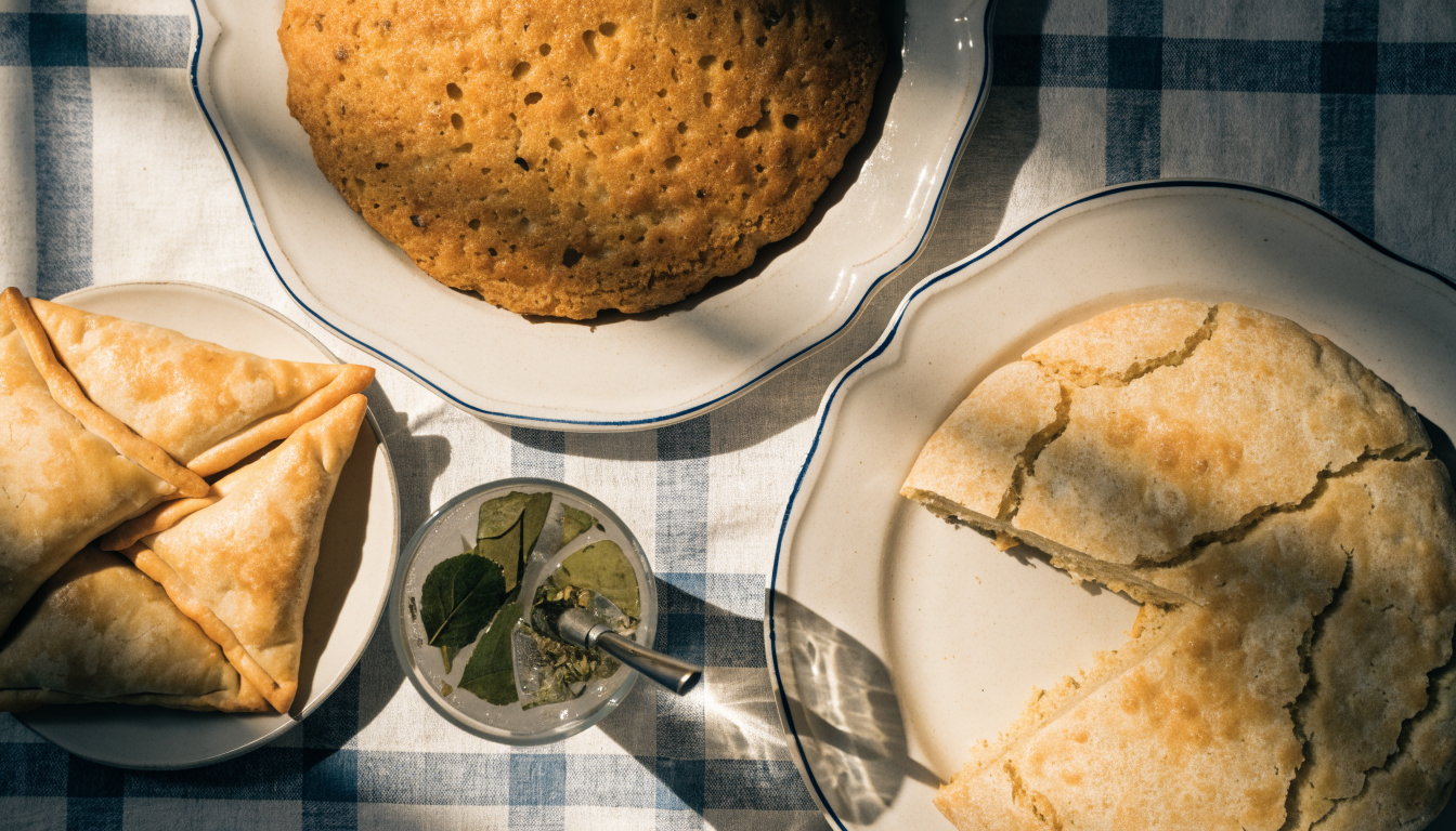 Sopa paraguaya y chipa guasu servidas con empanadas y un vaso de tereré. Imagen ilustrativa: no corresponde al local.