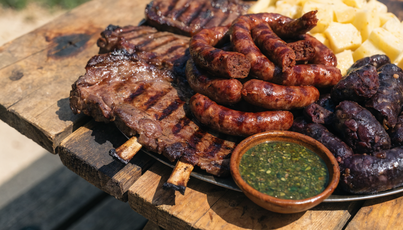 Tabla de parrillada mixta con costilla, chorizo y morcilla, con chimichurri y mandioca. Imagen ilustrativa: no corresponde al local.