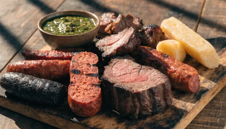 Tabla de parrillada mixta con costilla, chorizo y morcilla, con chimichurri y mandioca. Imagen ilustrativa: no corresponde al local.