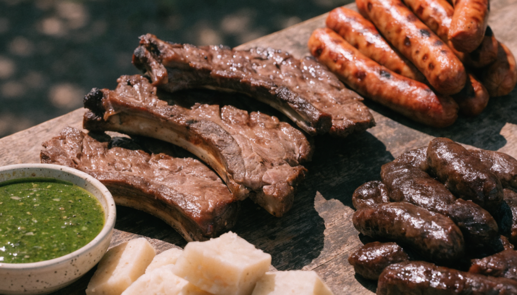 Tabla de parrillada mixta con costilla, chorizo y morcilla, con chimichurri y mandioca. Imagen ilustrativa: no corresponde al local.