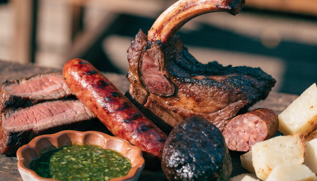 Tabla de parrillada mixta con costilla, chorizo y morcilla, con chimichurri y mandioca. Imagen ilustrativa: no corresponde al local.