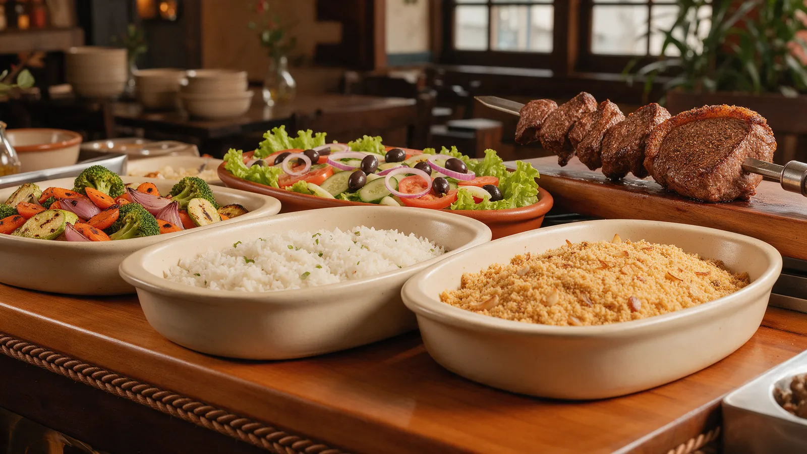 Buffet de guarniciones de rodizio con arroz, farofa y ensaladas. Imagen ilustrativa: no corresponde al local.