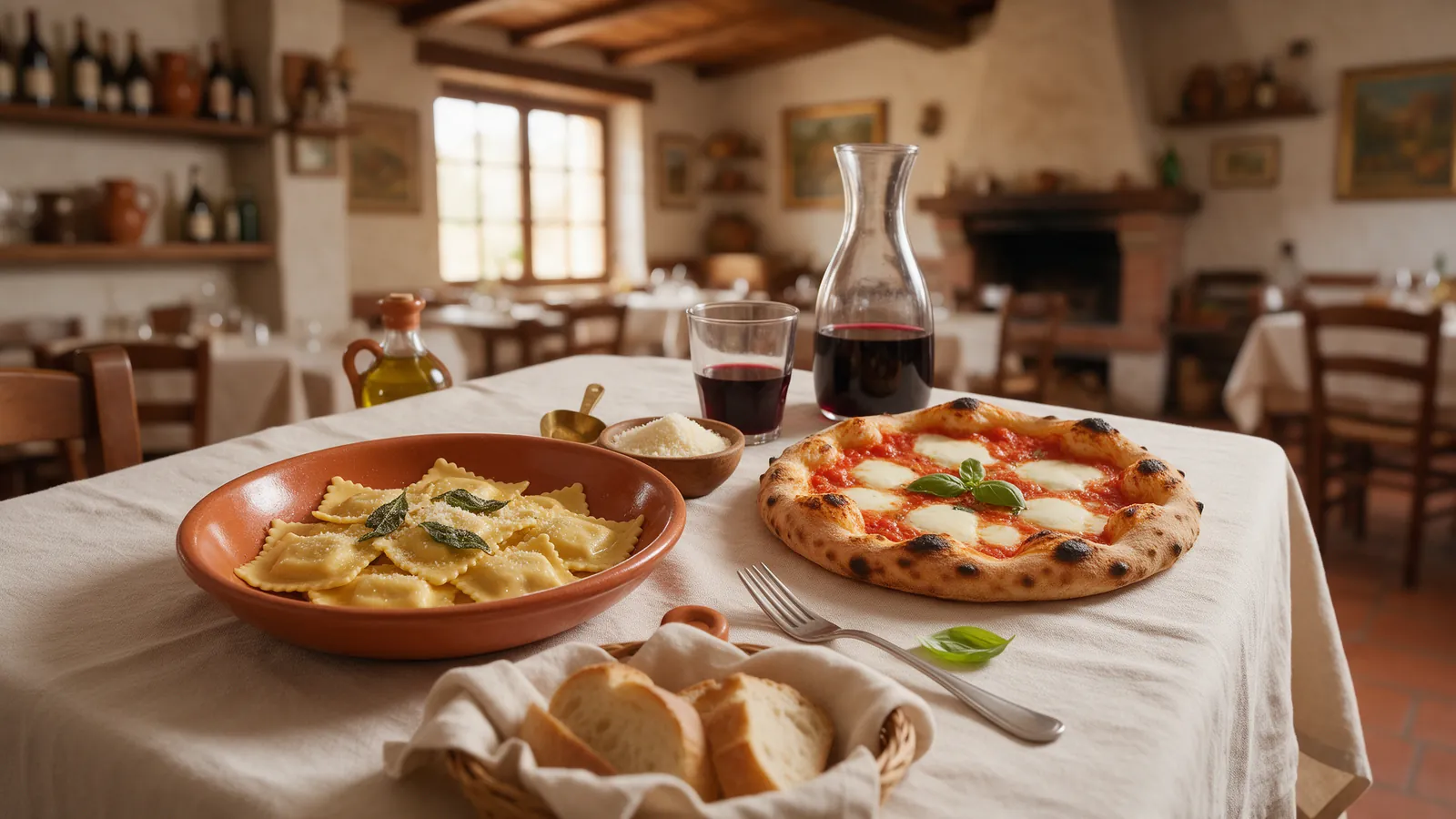Ravioles caseros a la manteca junto a una pizza pequeña al horno de leña. Imagen ilustrativa: no corresponde al local.