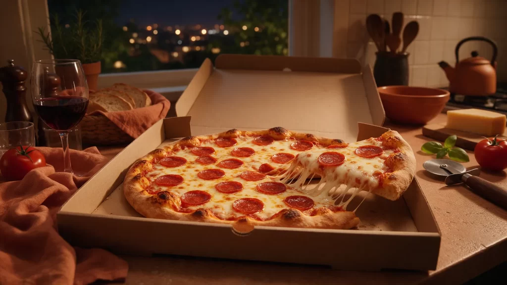 Pizza entera en una caja de cartón abierta sobre una mesada. Imagen ilustrativa: no corresponde al local.