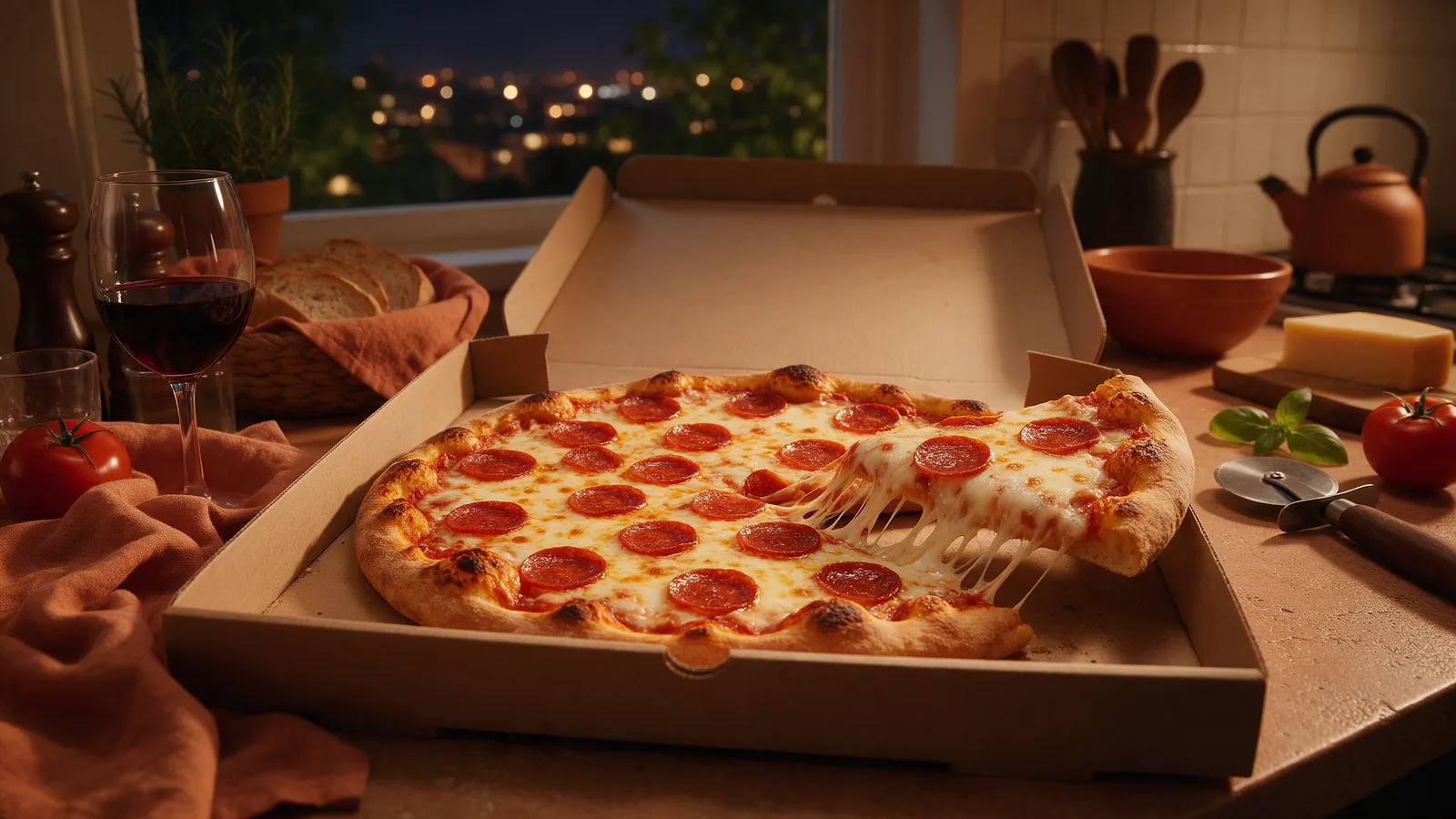 Pizza entera en una caja de cartón abierta sobre una mesada. Imagen ilustrativa: no corresponde al local.