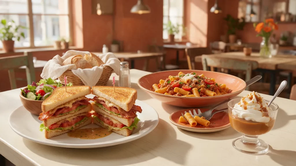 Sándwich tostado, un plato de pasta y una copa de postre con dulce de leche. Imagen ilustrativa: no corresponde al local.