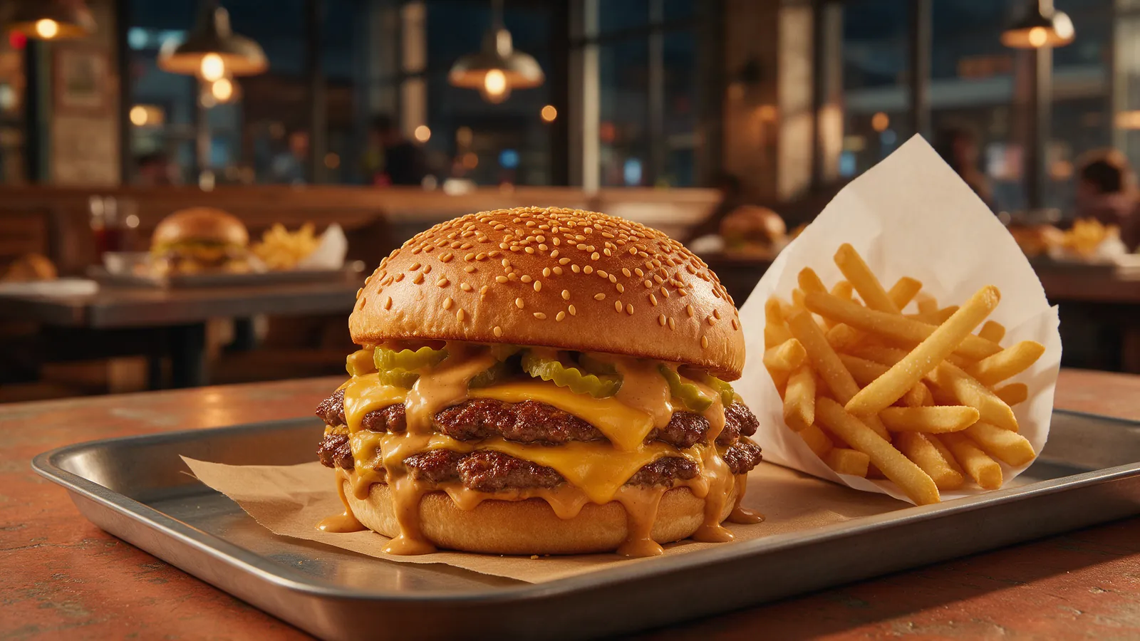 Hamburguesa doble con queso fundido y un cono de papas fritas. Imagen ilustrativa: no corresponde al local.