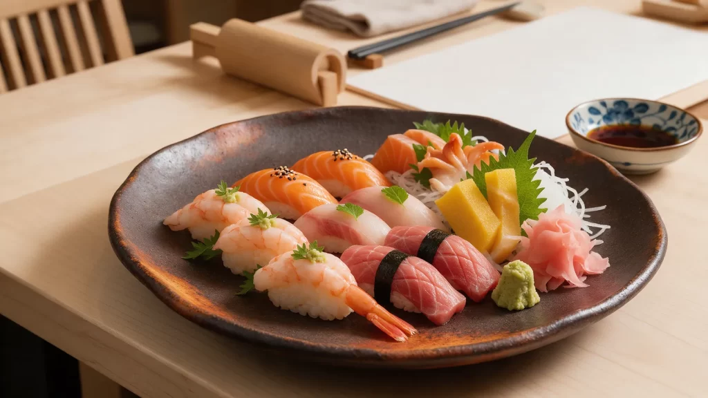 Surtido de nigiri y sashimi en una fuente de cerámica oscura. Imagen ilustrativa: no corresponde al local.