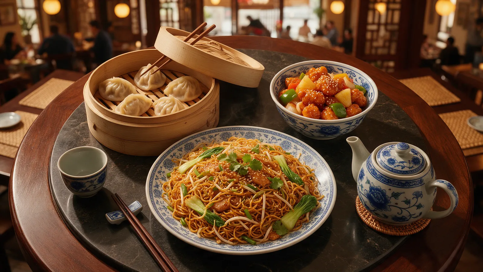 Mesa china con fideos salteados, dumplings al vapor y pollo agridulce. Imagen ilustrativa: no corresponde al local.