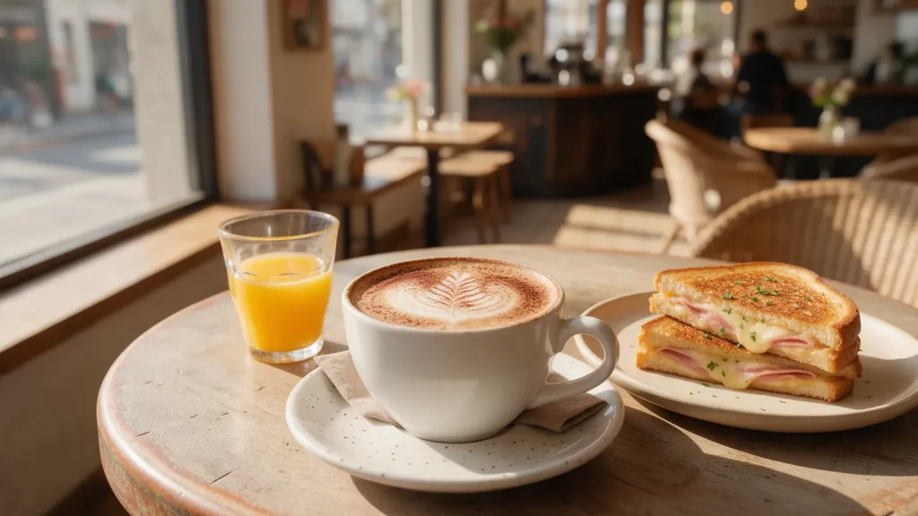 Capuchino, tostado de jamón y queso y un jugo de naranja en una mesa de bistró. Imagen ilustrativa: no corresponde al local.