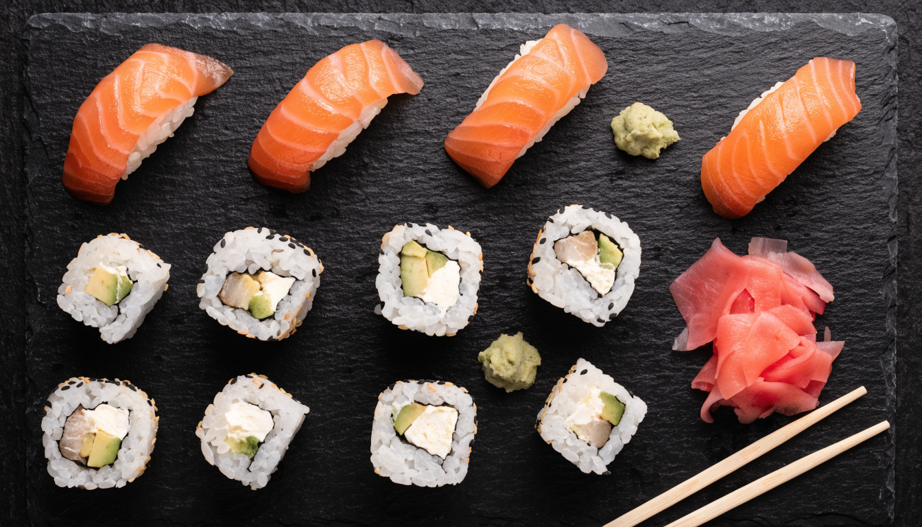 Tabla de sushi variado con nigiri de salmón, rolls, jengibre y wasabi. Imagen ilustrativa: no corresponde al local.