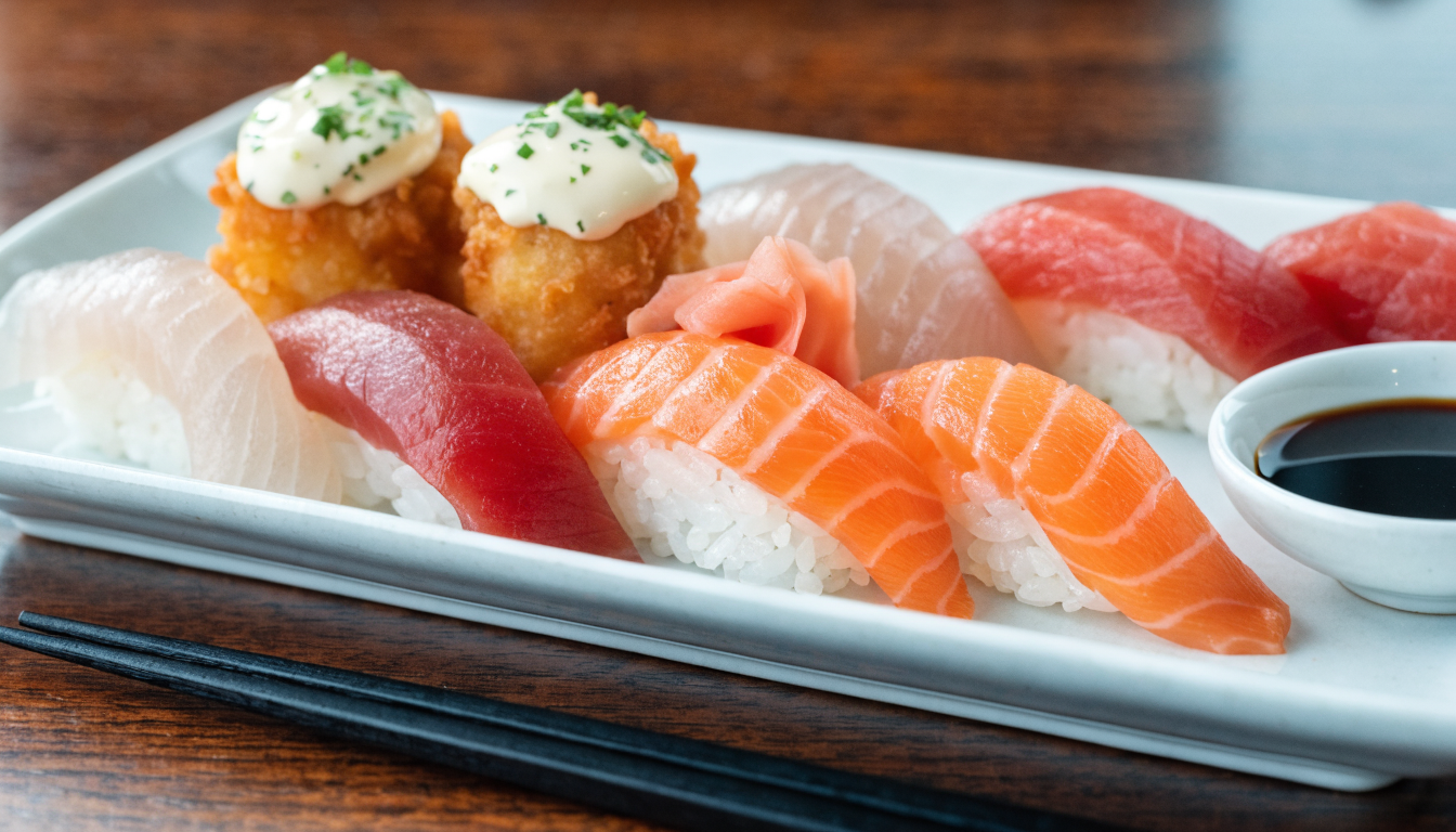 Bandeja de sushi y sashimi variado con nigiri, rolls, jengibre y wasabi. Imagen ilustrativa: no corresponde al local.
