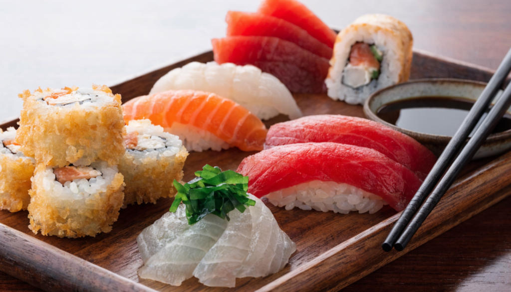 Bandeja de sushi y sashimi variado con nigiri, rolls, jengibre y wasabi. Imagen ilustrativa: no corresponde al local.