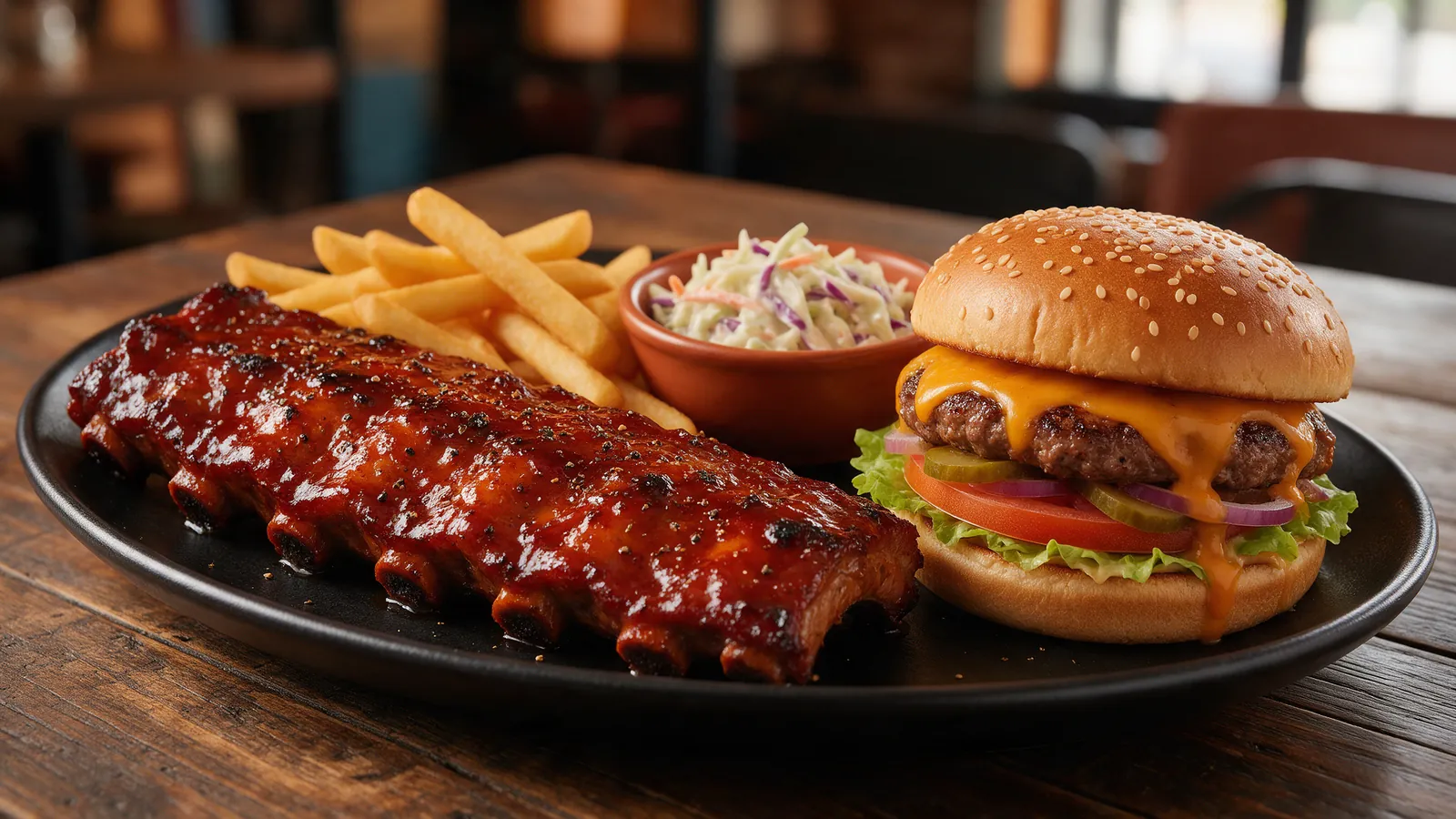 Costillas de cerdo glaseadas con papas fritas junto a una hamburguesa doble. Imagen ilustrativa: no corresponde al local.
