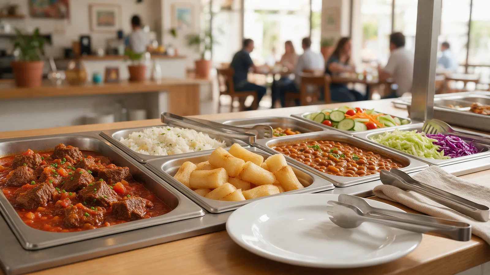 Bandejas de buffet de mediodía con guiso, arroz, mandioca y ensaladas. Imagen ilustrativa: no corresponde al local.