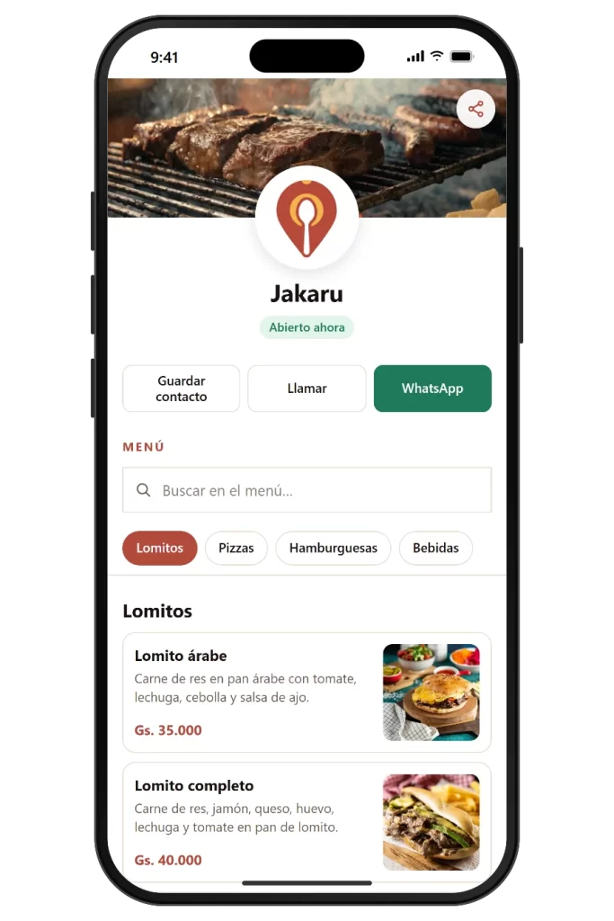 Pantalla de inicio de App Jakaru con la tarjeta del restaurante, botones de contacto y menÃº