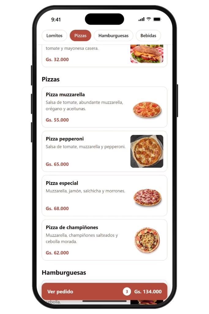 MenÃº de App Jakaru con categorÃ­as, fotos y precios en guaranÃ­es