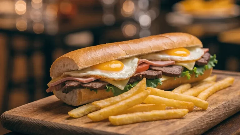 Lomito paraguayo con carne, jamón, queso, huevo frito, lechuga y tomate, con papas fritas