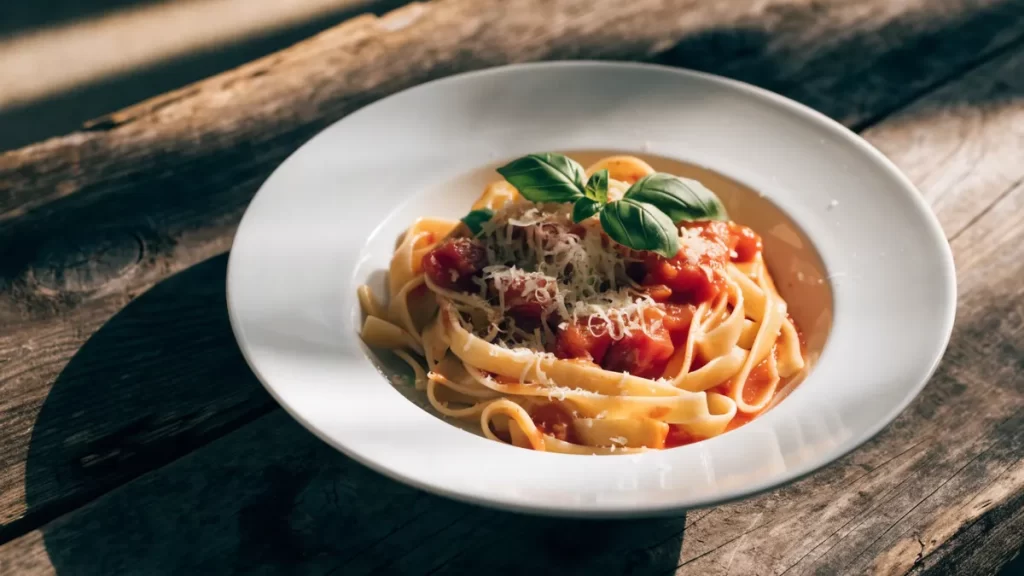 Tagliatelle frescos con salsa de tomate, albahaca y parmesano