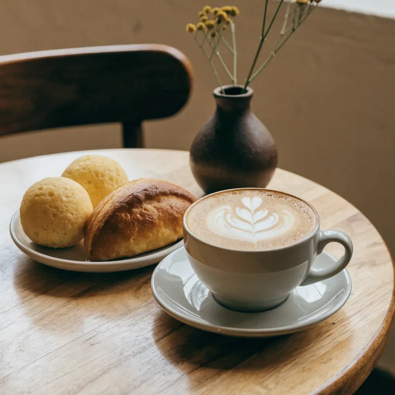 Taza de capuchino con arte latte junto a un plato con chipas y una medialuna sobre una mesa de madera