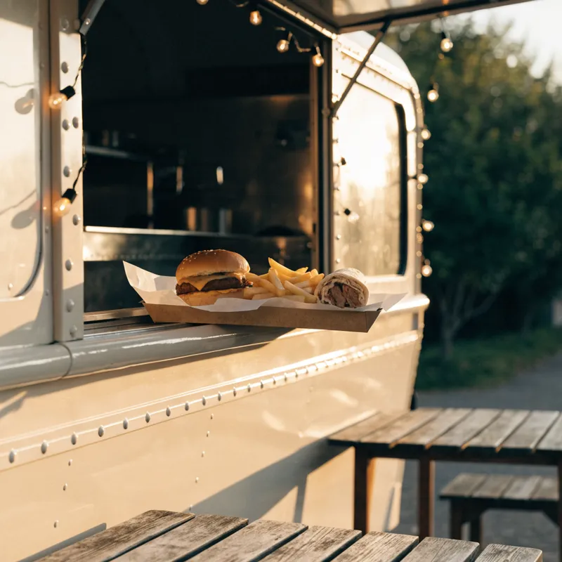 Food truck color crema con luces colgantes y una bandeja con hamburguesa, papas fritas y lomito en la ventanilla
