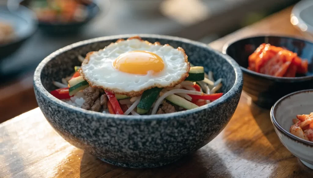 Bibimbap en bol de piedra con huevo frito, verduras y carne, junto a kimchi. Imagen ilustrativa: no corresponde al local.