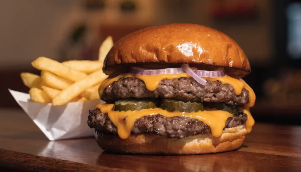 Hamburguesa doble smash con cheddar, pepinos y cebolla junto a papas fritas. Imagen ilustrativa: no corresponde al local.