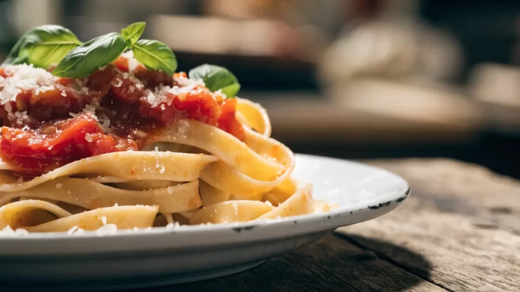 Plato de tagliatelle con salsa de tomate y albahaca sobre una mesa de madera. Imagen ilustrativa: no corresponde al local.