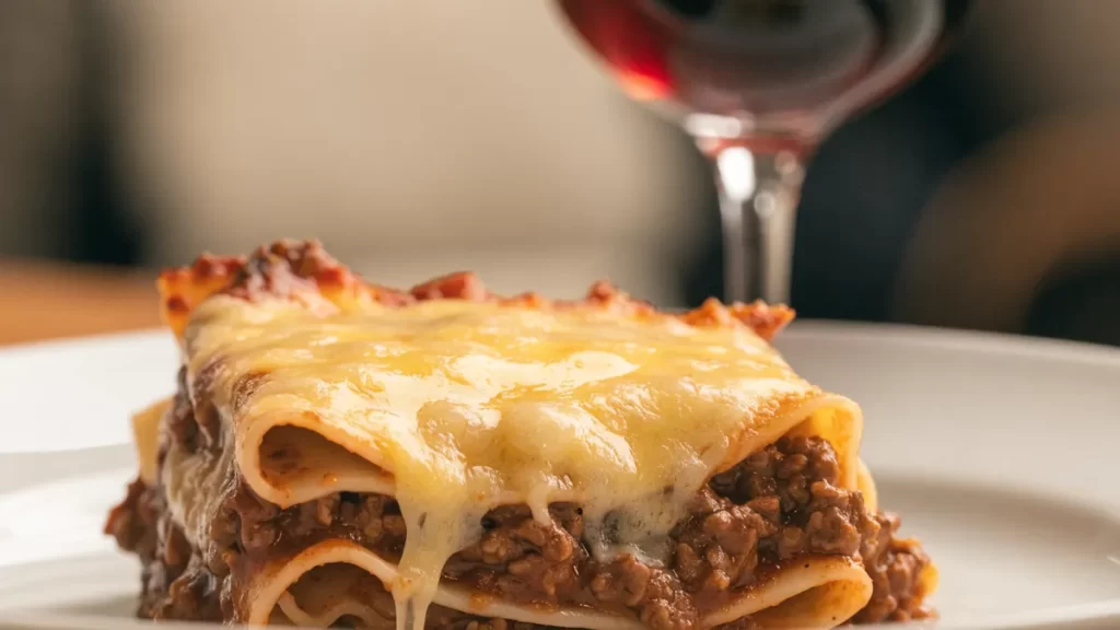 Porción de lasaña a la boloñesa con queso gratinado y una copa de vino. Imagen ilustrativa: no corresponde al local.