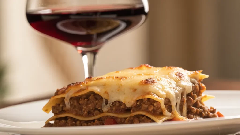 Lasaña a la boloñesa con queso fundido junto a una copa de vino tinto. Imagen ilustrativa: no corresponde al local.