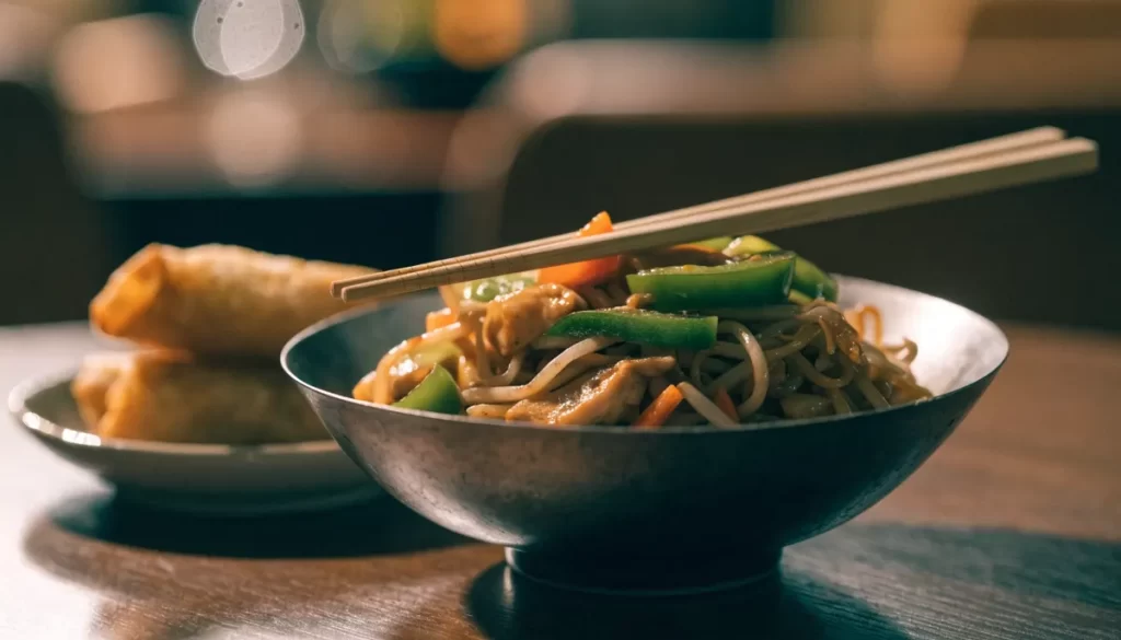 Fideos salteados al wok con verduras y pollo, palillos y arrollados primavera. Imagen ilustrativa: no corresponde al local.